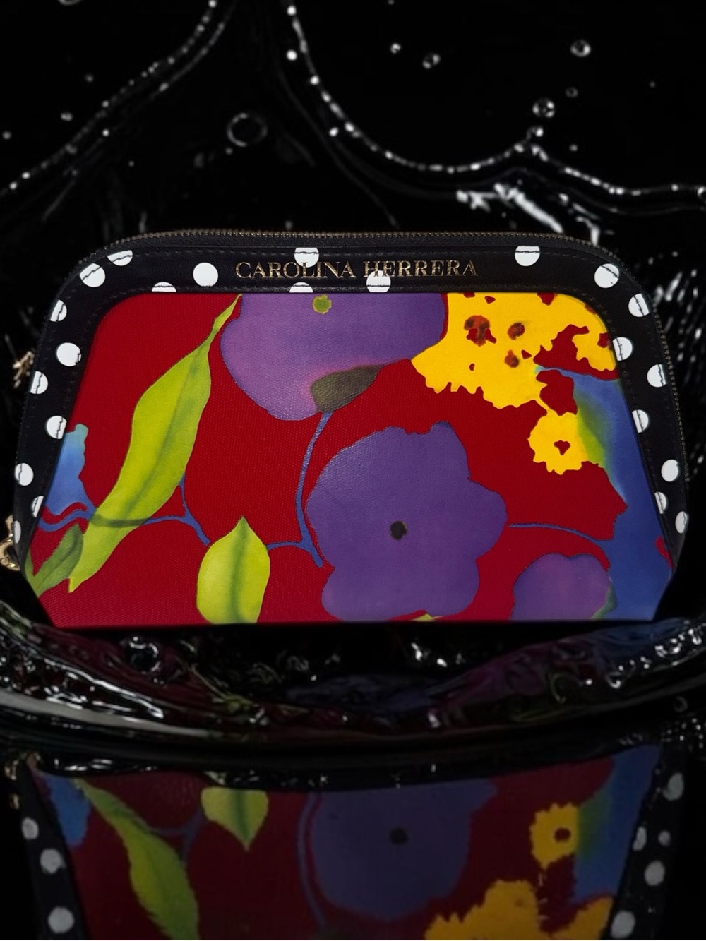 Carolina Herrera Red Floral Zip Cosmetic Pouch with Polka-Dot Trim